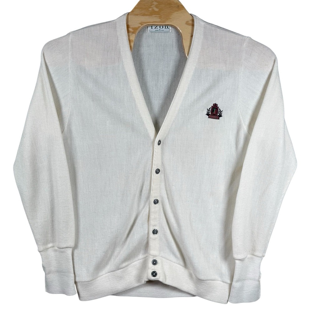 Vintage‎ Izod Cardigan Sweater Mens Small White Logo Grandpa Preppy 80s USA Made